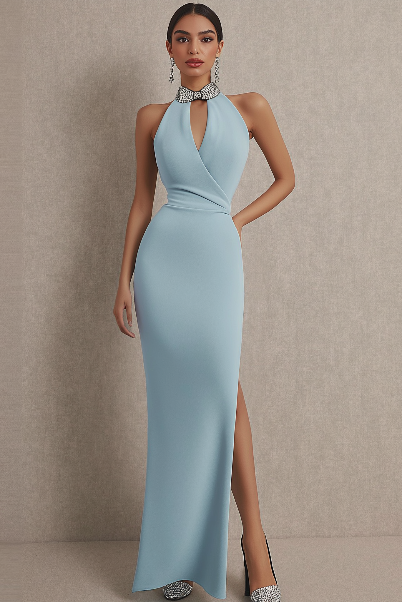 Fall Wedding Guest Dress Light Blue Halter Sleeveless Slit Maxi Dress