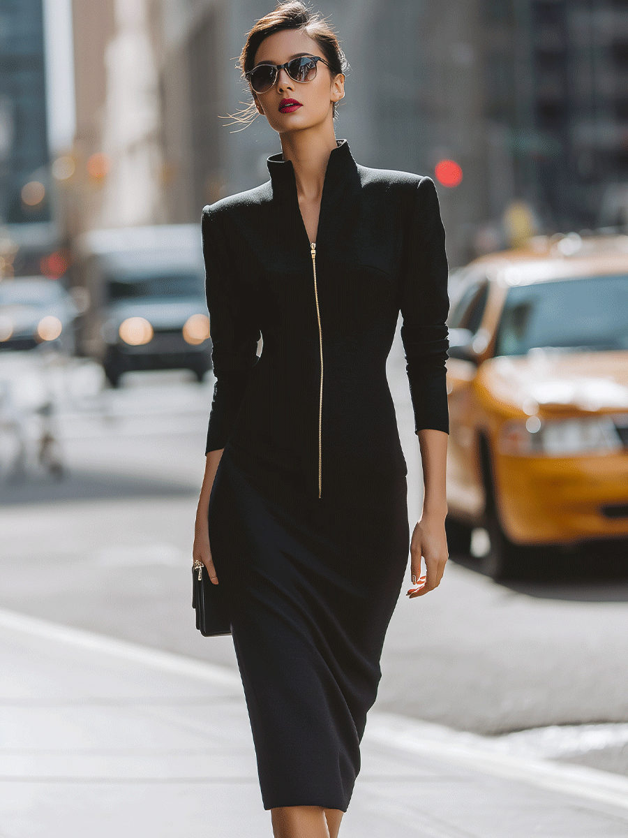 Black Zip-Front Midi Dress With Structured Shoulders