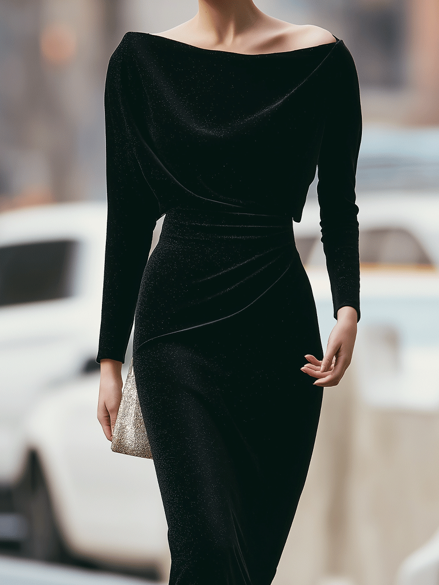 Black Off-Shoulder Velvet Dress With Draped Detail