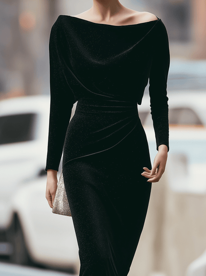 Black Off-Shoulder Velvet Dress With Draped Detail