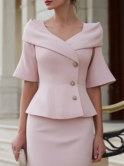 Blush Pink Peplum Blazer Midi Pencil Skirt 2-Piece Suit
