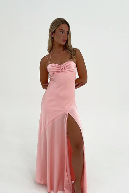 Simple Sheath Spaghetti Straps Pink Long Party Dress with Split Front
