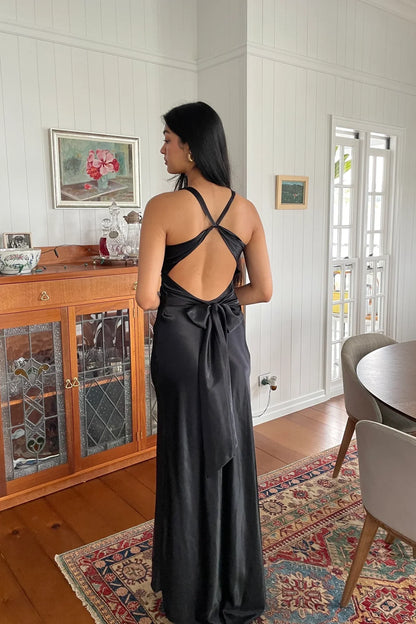 Trendy Sheath Halter Neck Purple Long Party Dress with Open Back Bowknot