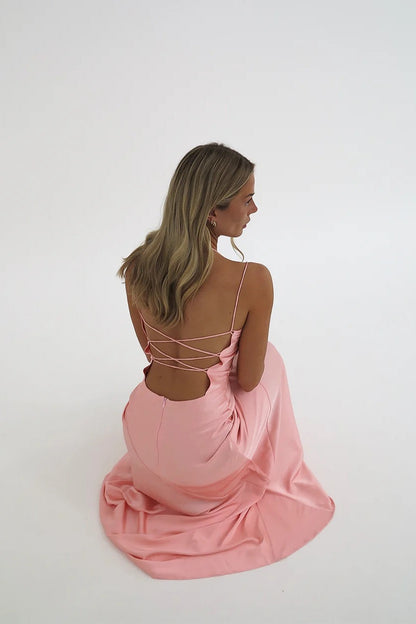 Simple Sheath Spaghetti Straps Pink Long Party Dress with Split Front