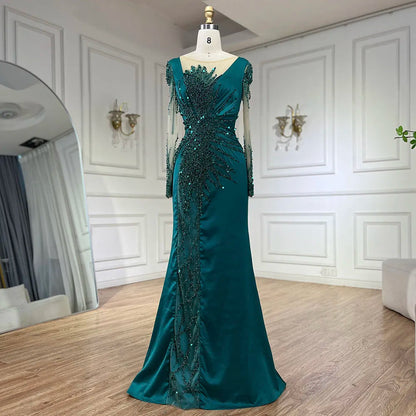 Luxury Dubai Green Mermaid Lace Beaded Satin Evening Dresses Formal Gowns