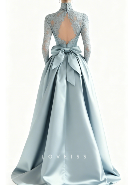 High Neck Long Sleeves Appliques A-Line Evening Dress