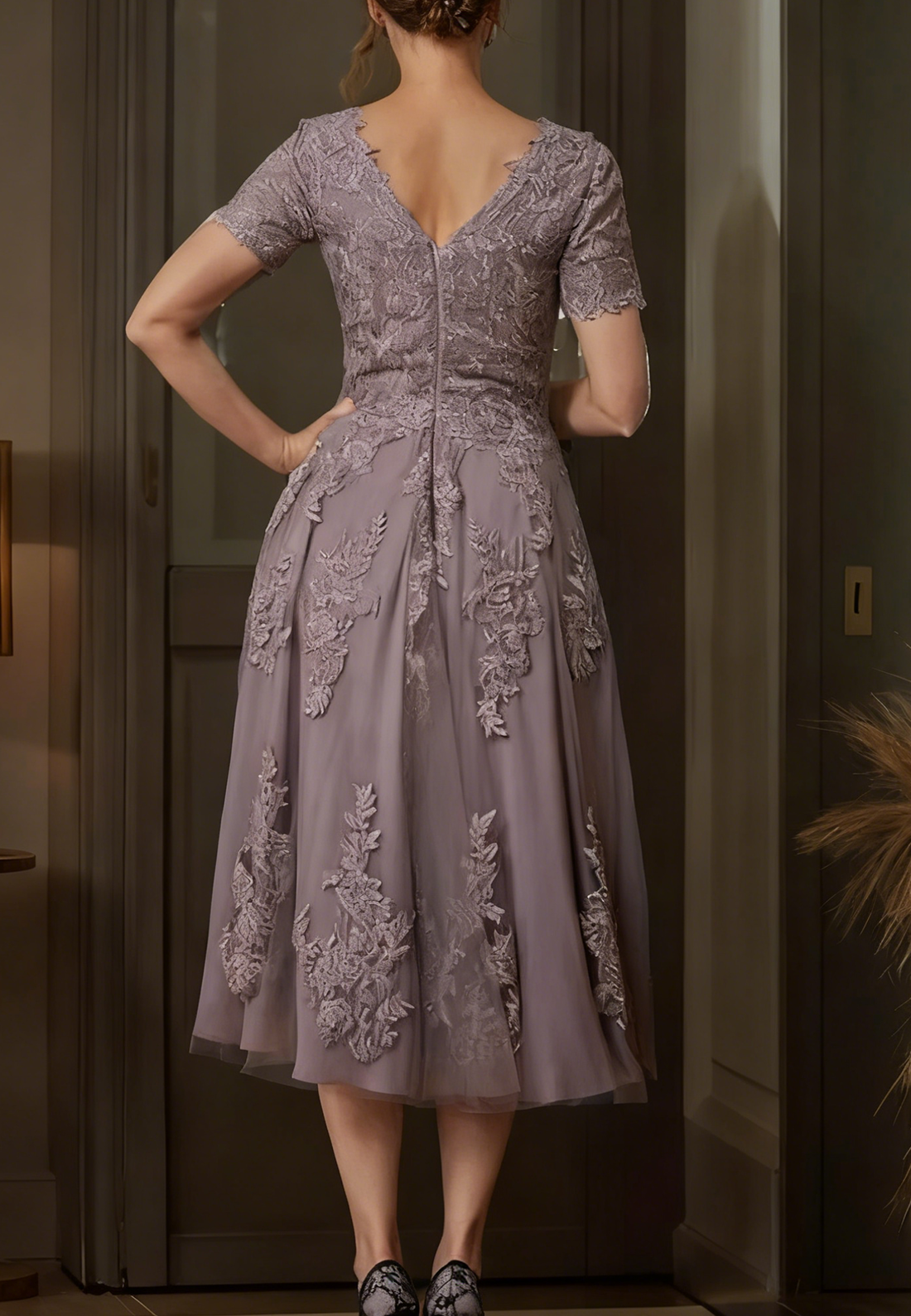 A-line Resplendent Scoop Short Sleeves Tea-Length Chiffon Mother of the Bride Dress