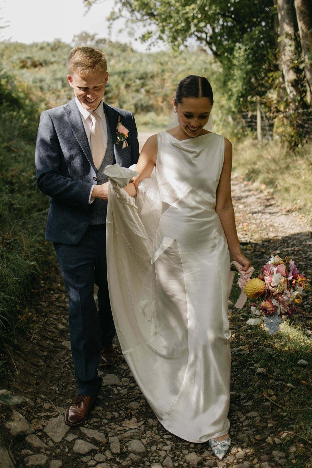 Romantic Sheath Boat Neck Silk Satin Long Weddingl Dresses