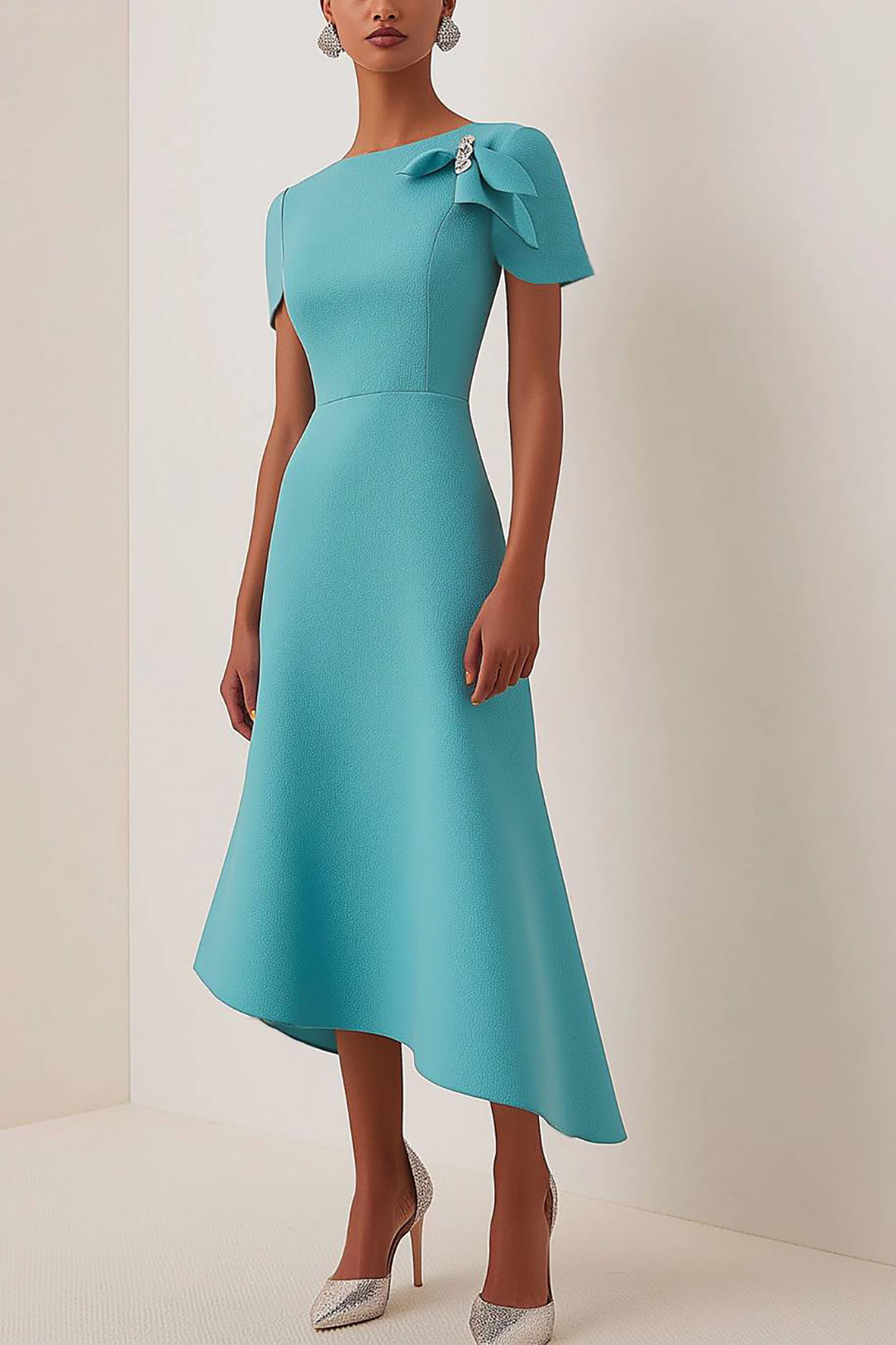 Wedding Guest Cyan Dress Asymmetrical Petal Sleeve Drape Midi Dress