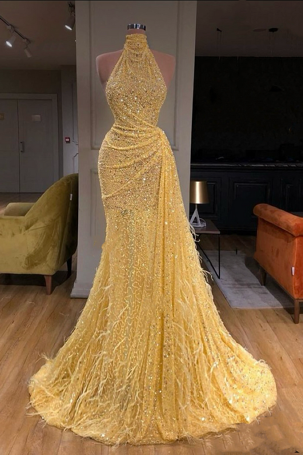 Halter Sequins Sleeveless Slim Prom Dress with Feather