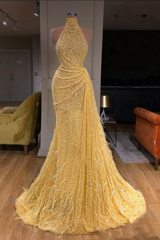Halter Sequins Sleeveless Slim Prom Dress with Feather