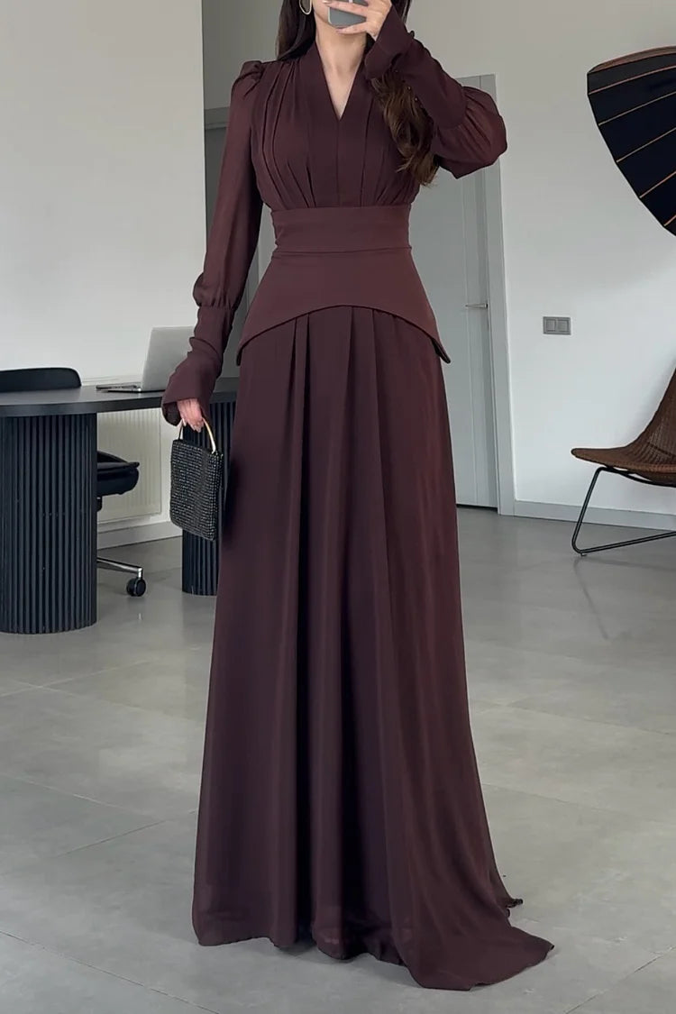 Pleated V Neck Puff Shoulder Long Sleeve Party Maxi Dresses
