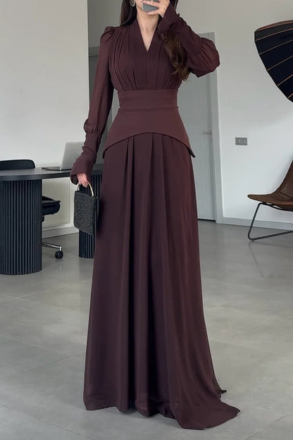 Pleated V Neck Puff Shoulder Long Sleeve Party Maxi Dresses