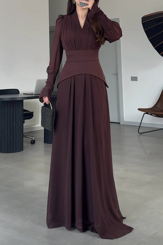 Pleated V Neck Puff Shoulder Long Sleeve Party Maxi Dresses