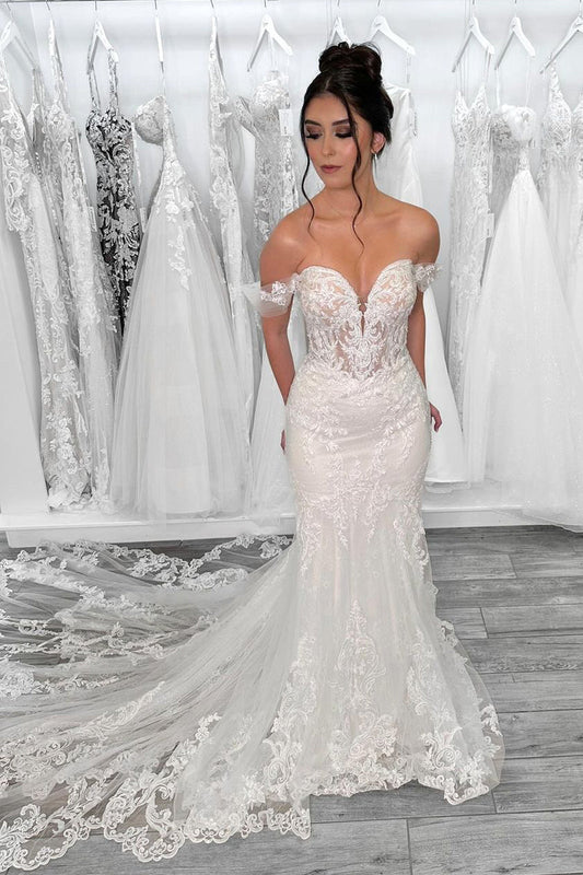 Mermaid Off the Sholder Tulle Appliques Wedding Dress