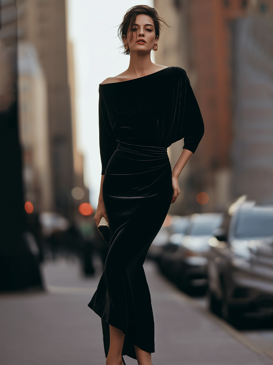 Black Off-Shoulder Velvet Dress With Draped Detail