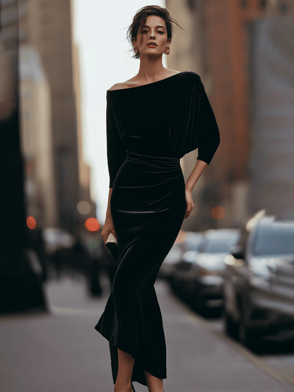 Black Off-Shoulder Velvet Dress With Draped Detail