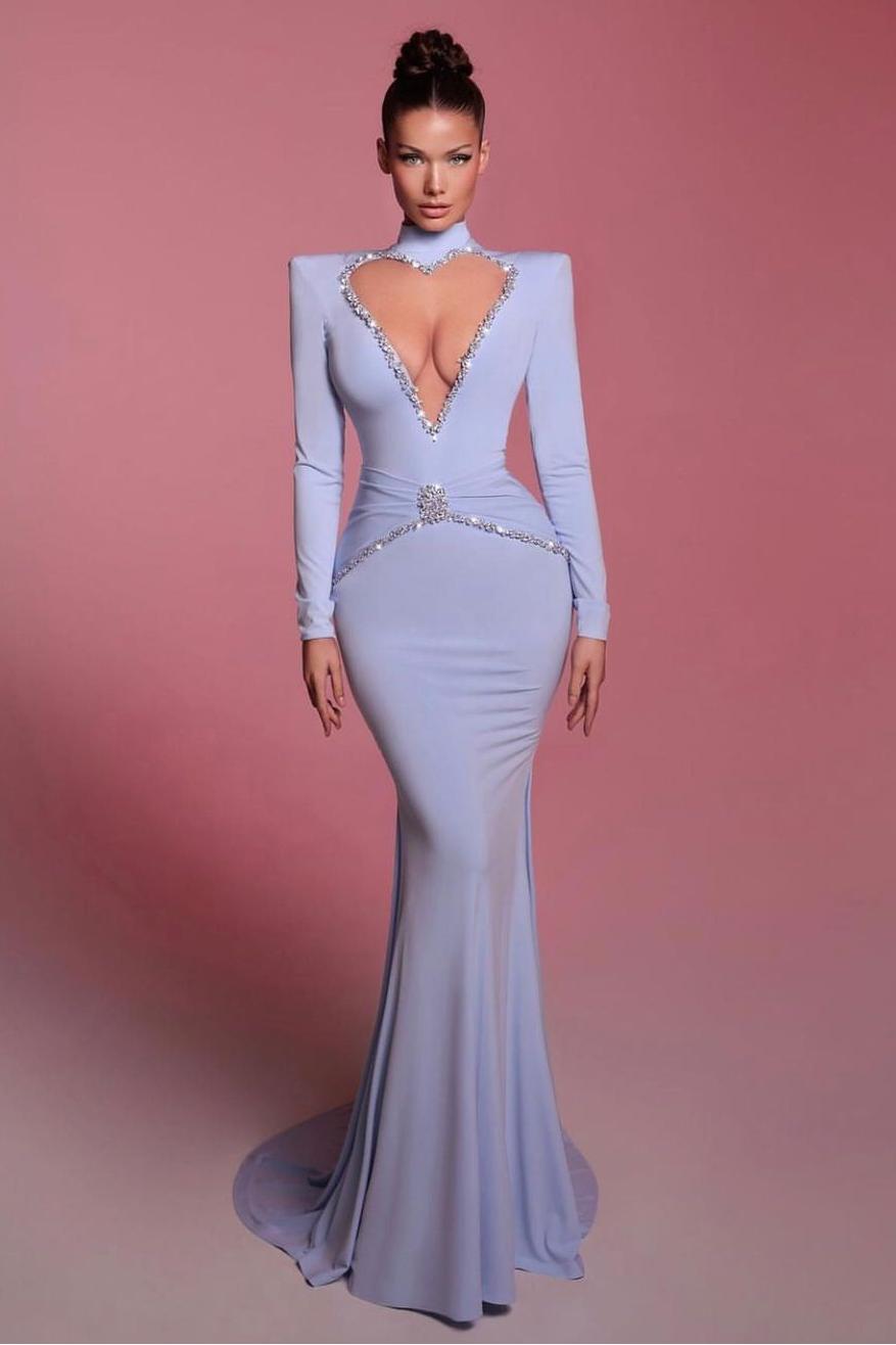 Lussooy Blue Strapless Beautiful Slit Mermaid Prom Dress With Beadings