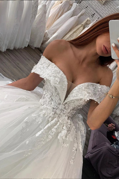 Shiny Off The Shoulder Ball Gown Wedding Dress With Lace Sweetheart