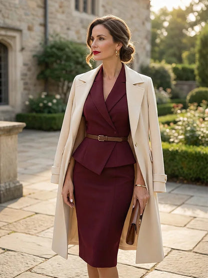 Burgundy Tailored Waist Blazer And Skirt 2-Piece Suit