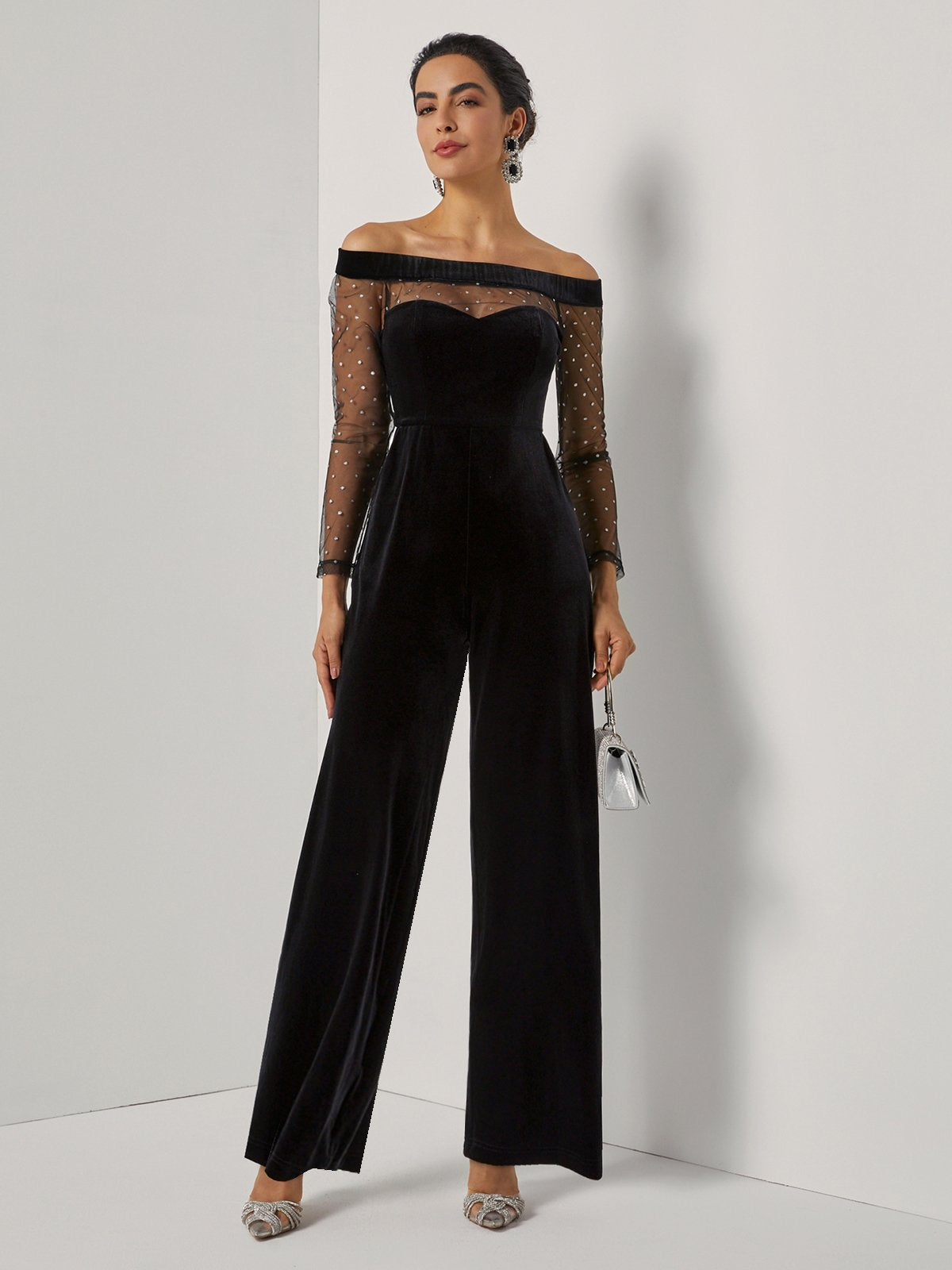 Women Velvet Black Mesh Off The Shoulder Long Sleeve Dressy Jumpsuit With Pockets