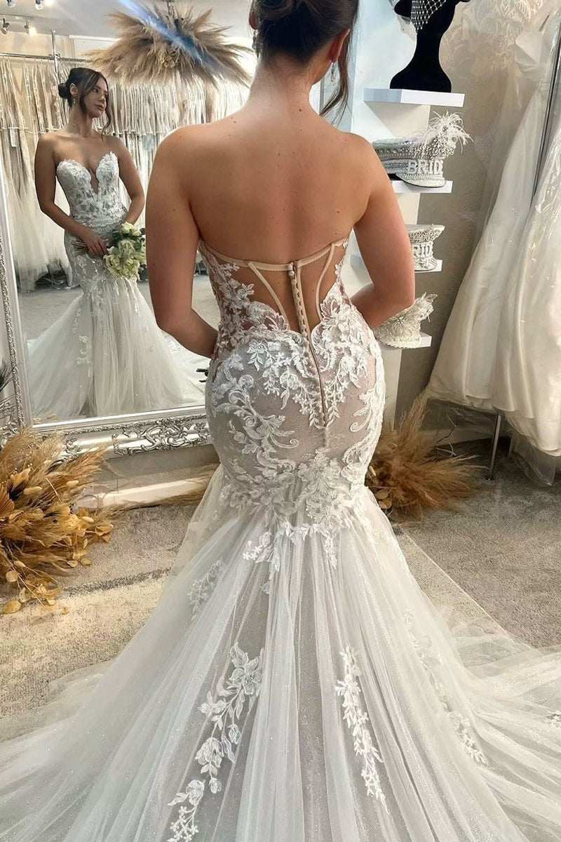 Sexy Mermaid Sweetheart Tulle Wedding Dresses with Appliques
