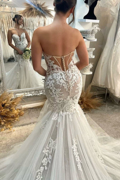 Sexy Mermaid Sweetheart Tulle Wedding Dresses with Appliques