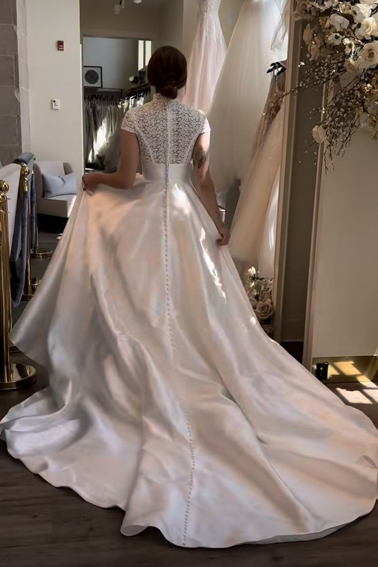 High Neck Cap Sleeves Lace Satin A-Line Wedding Dress