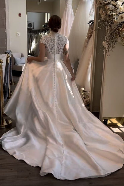 High Neck Cap Sleeves Lace Satin A-Line Wedding Dress