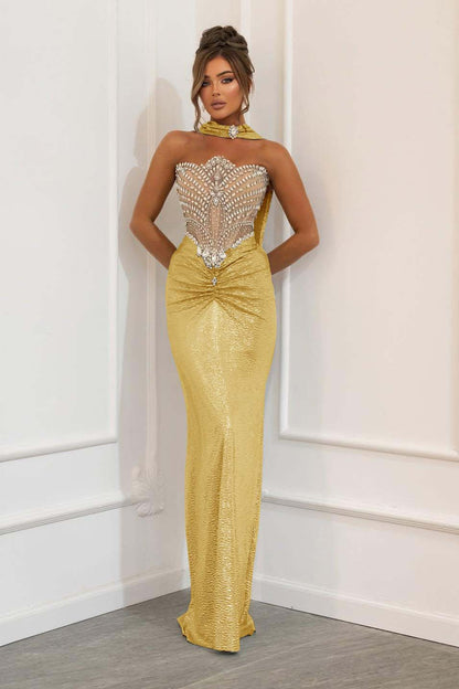 Lussooy Charming Sleeveless Strapless Pleated Slim Prom Dress with Rhinestone