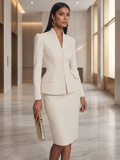Light Beige Structured Waist Cinching Stand Collar Blazer Skirt 2-Piece Suit