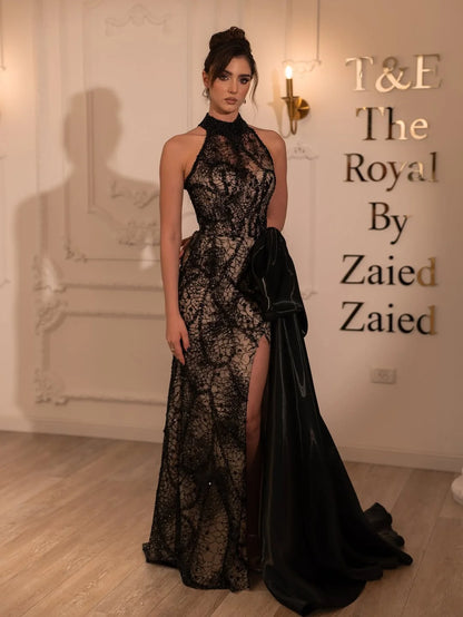 Alluring Black Halter Split Beadings Prom Dress With Side Train YK0737