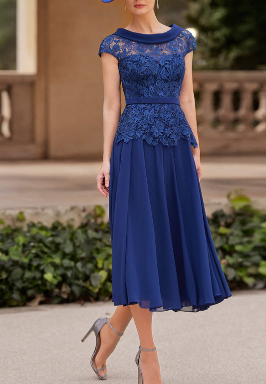 Scoop Cap Sleeves Appliques Pleated A-Line Mother of Bride Dress Cocktail Dress