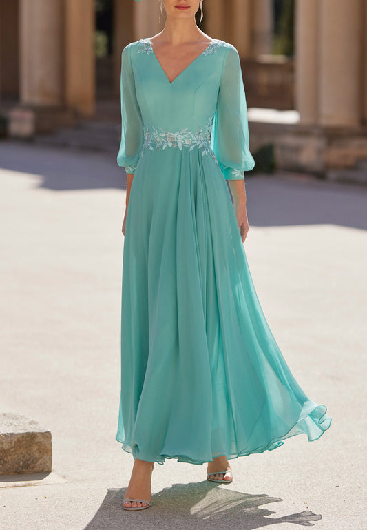 V-Neck Long Sleeves Appliques Pleated A-Line Chiffon Mother of Bride Dress Cocktail Dress