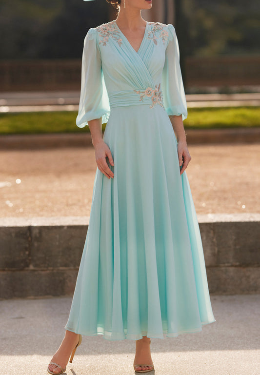 V-Neck Long Sleeves Chiffon Pleated A-Line Mother of Bride Dress Cocktail Dress