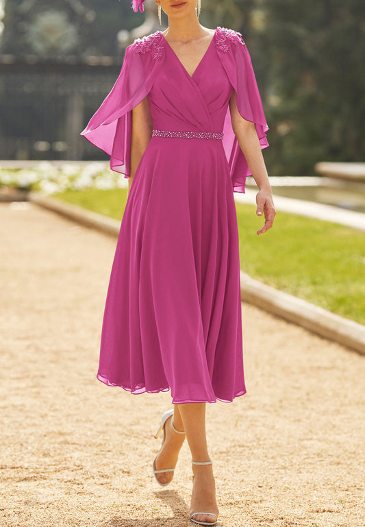V-Neck Sleeveless Chiffon Pleated A-Line Mother of Bride Dress Cocktail Dress