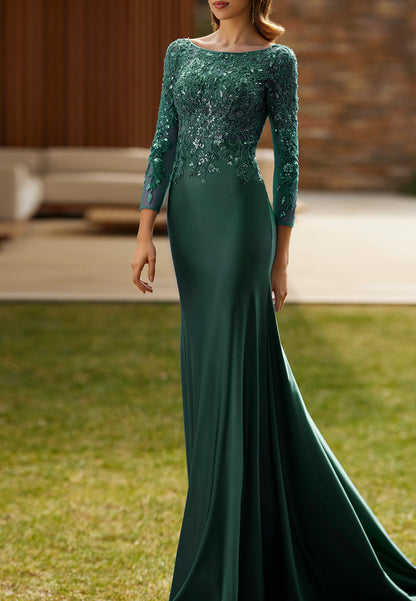 Scoop Long Sleeves Appliques Sleek Mermaid Mother of Bride Dress