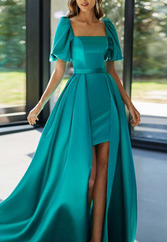 Straight Across Puff Sleeves Sheath Sweep Train Mother of Bride Dress