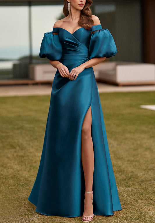 Sweetheart Puff Sleeves High Slit Sleek Satin A-Line Mother of Bride Dress
