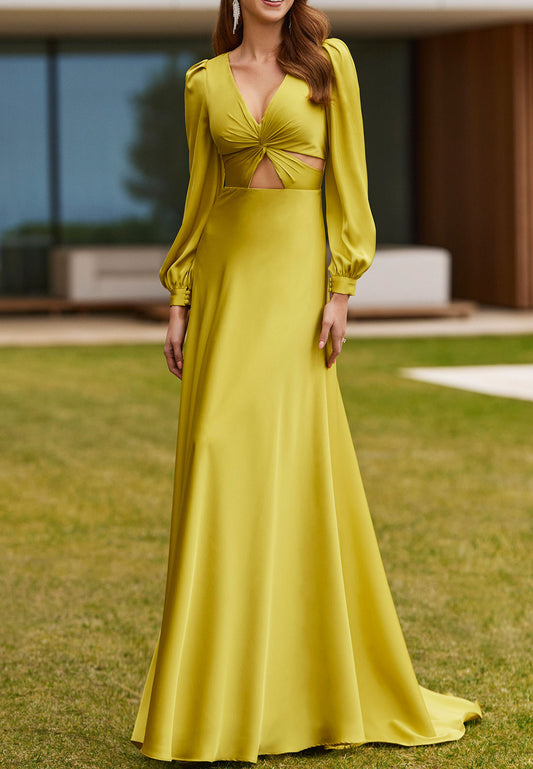 V-Neck Long Sleeves Cut Out Long Mother of Bride Dress Cocktail Dress