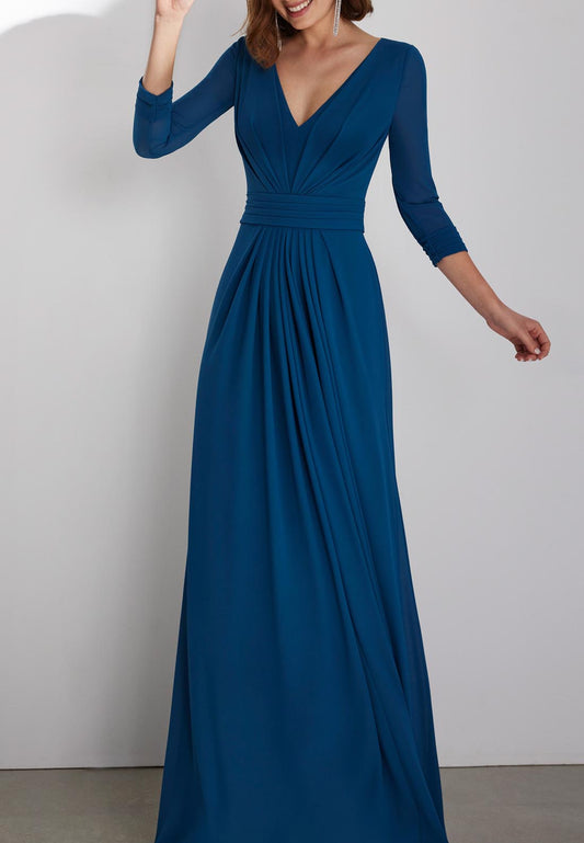 A-Line V-Neck Quarter Sleeves Sleek Satin Mother of the Bride Dress with Train