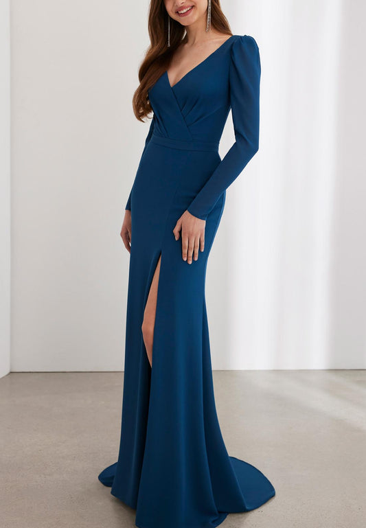 V-Neck Long Sleeves Sleek Satin Mother of the Bride Dress with Slit and Train
