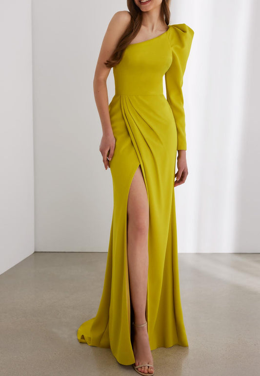 One Shoulder Long Sleeves Sleek Satin Mother of the Bride Dress with Slit and Train