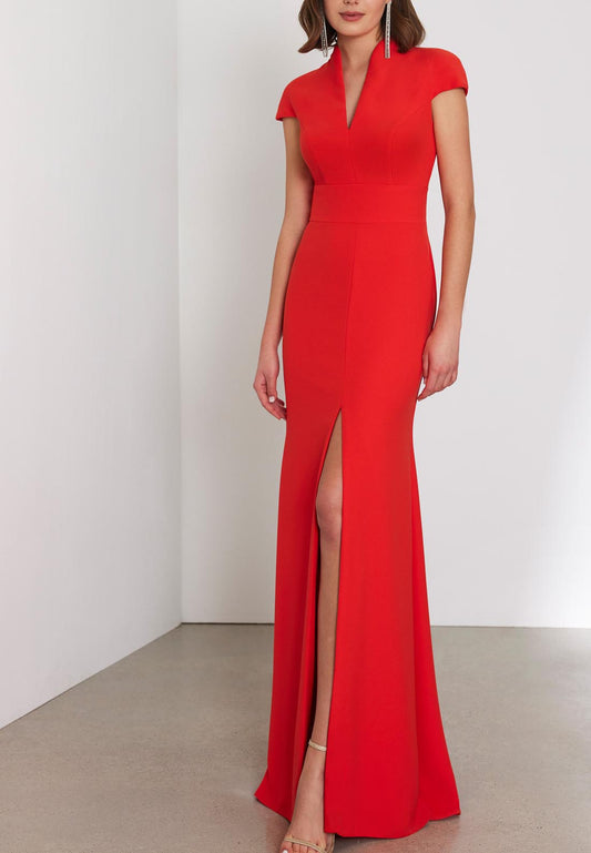 V-Neck Cap Sleeves Sleek Satin Elegant Mother of the Bride Dress with Slit and Train