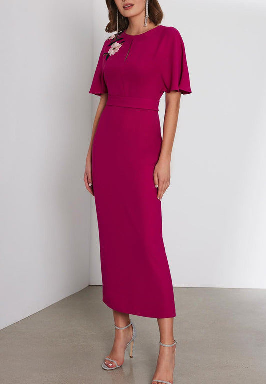 Round Short Sleeves Embroidery Sleek Satin Ankle-Length Mother of the Bride Dress