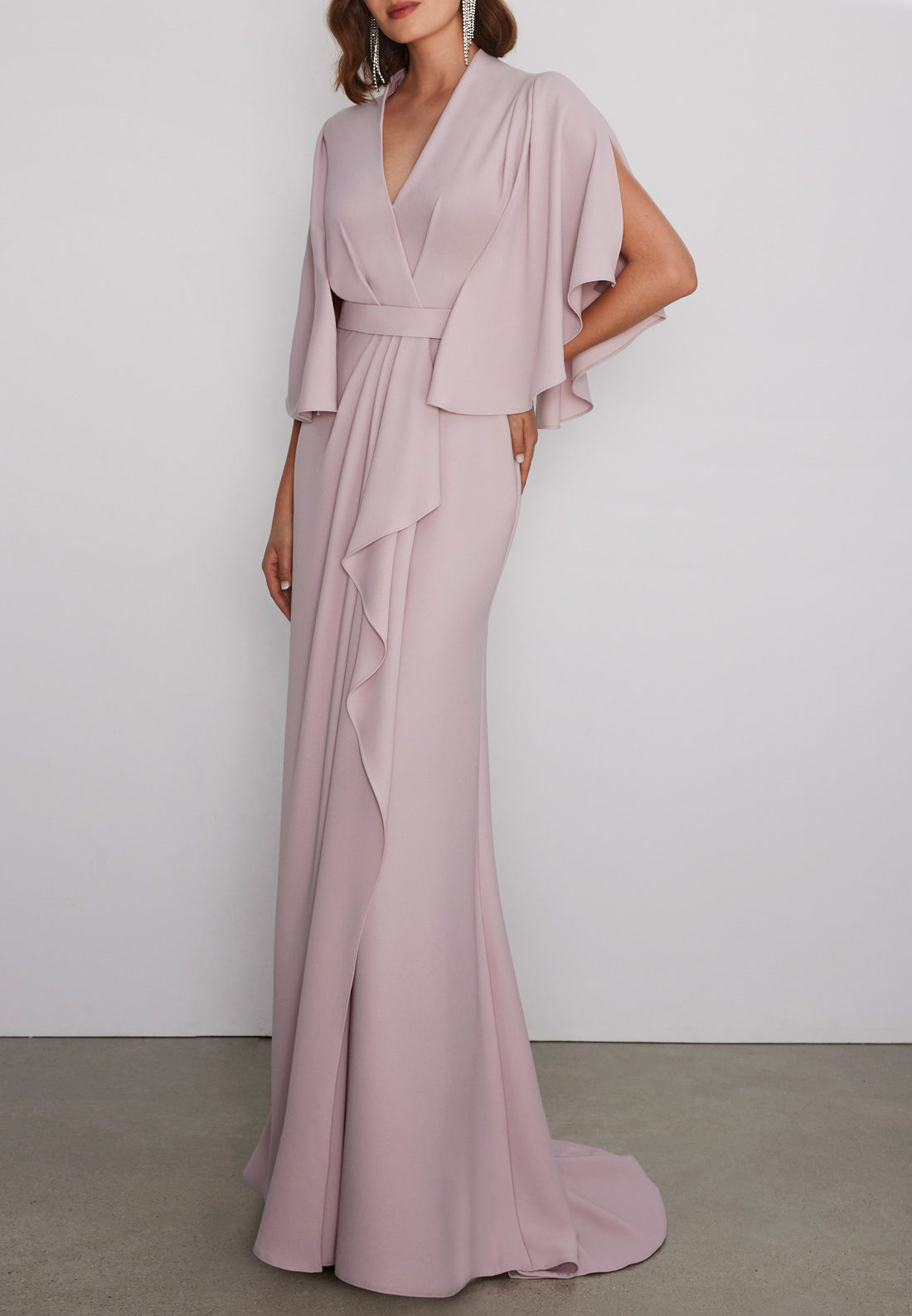 Sheath V Neck Bating Sleeves Pleats Elegant Mother of the Bride Dress Long Cocktail Dress for Wedding