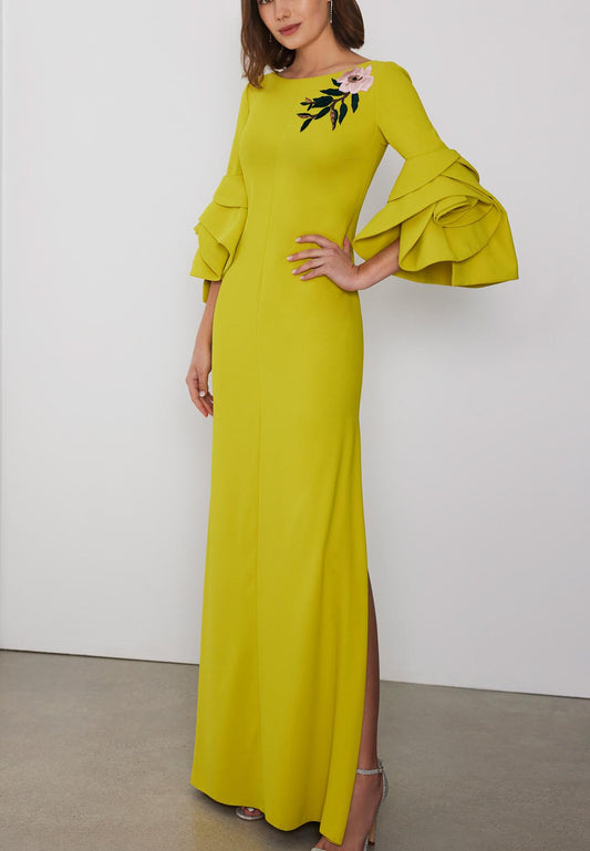 Round Long Sleeves Embroidery Sleek Satin Mother of the Bride Dress with Slit