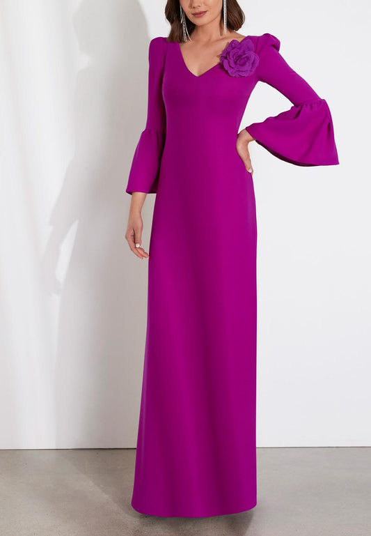 V-Neck Long Sleeves Sleek Satin Elegant Mother of the Bride Dress with Slit