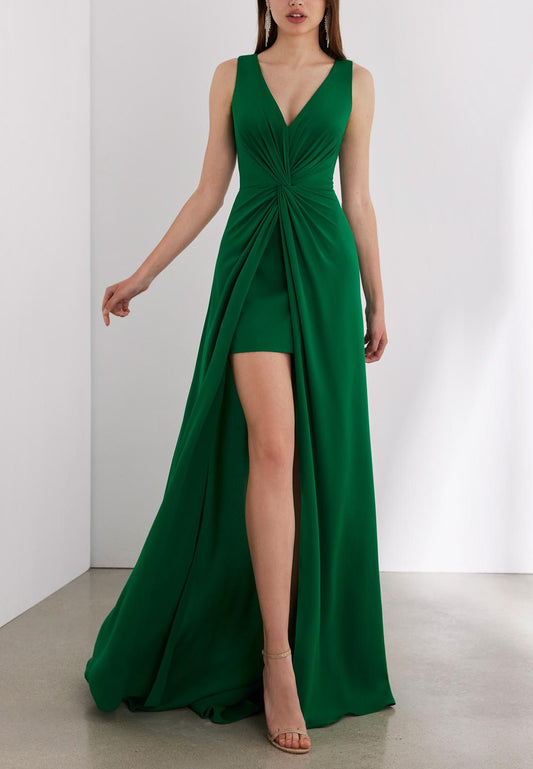 V-Neck Sleeveless Ruched High Slit Mother of Bride Dress