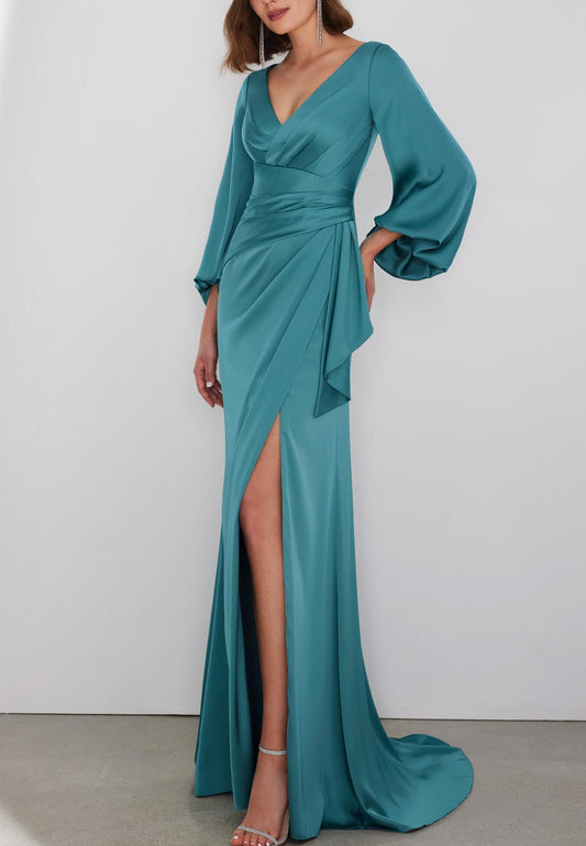 V-Neck Long Sleeves Ruched Side Slit Mother of Bride Dress